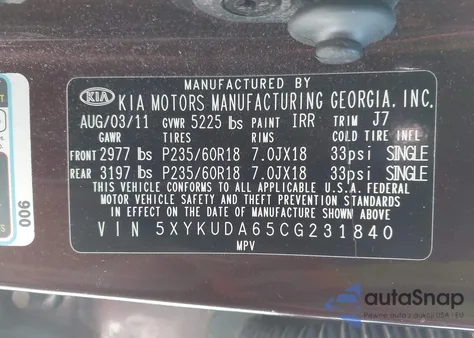 2012 Kia Sorento Ex из США, поврежденный, VIN 5XYKUDA65CG231840